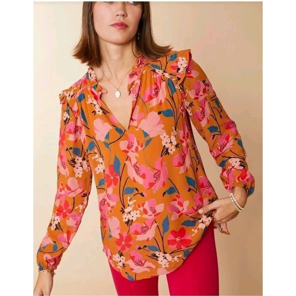 Spartina 449 Aisley Blouse Women L Mustard Silky BotanicFloral Cottagecore Boho